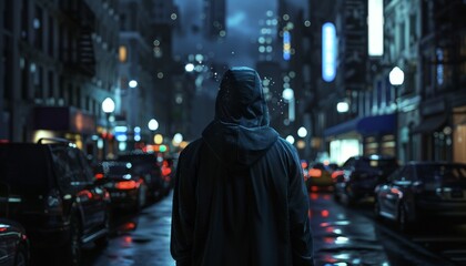Fototapeta premium Mysterious Person in Hoodie Walking Confidently in Bustling City Street, Anti-Terrorism Concept, Night Scene