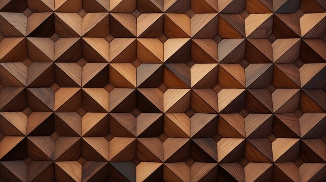 A textured wall made of wooden panels arranged in a geometric pattern, featuring triangular shapes in various shades of brown. - Powered by Adobe