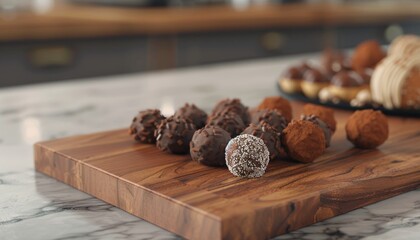 Delicious Homemade Chocolate Truffles on Wooden Board for Special Occasions, Rich and Tempting, Healthy Food