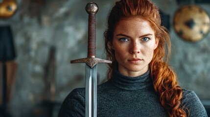 Focused redhead woman with freckles holding a medieval sword, standing in a training area, embodying strength and discipline.
