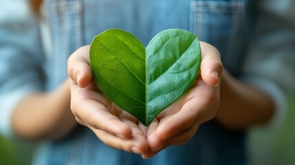 A close-up photograph of two heart-shaped leaves held gently in hands, symbolizing love for nature, environmental sustainability, and a connection to the earth.