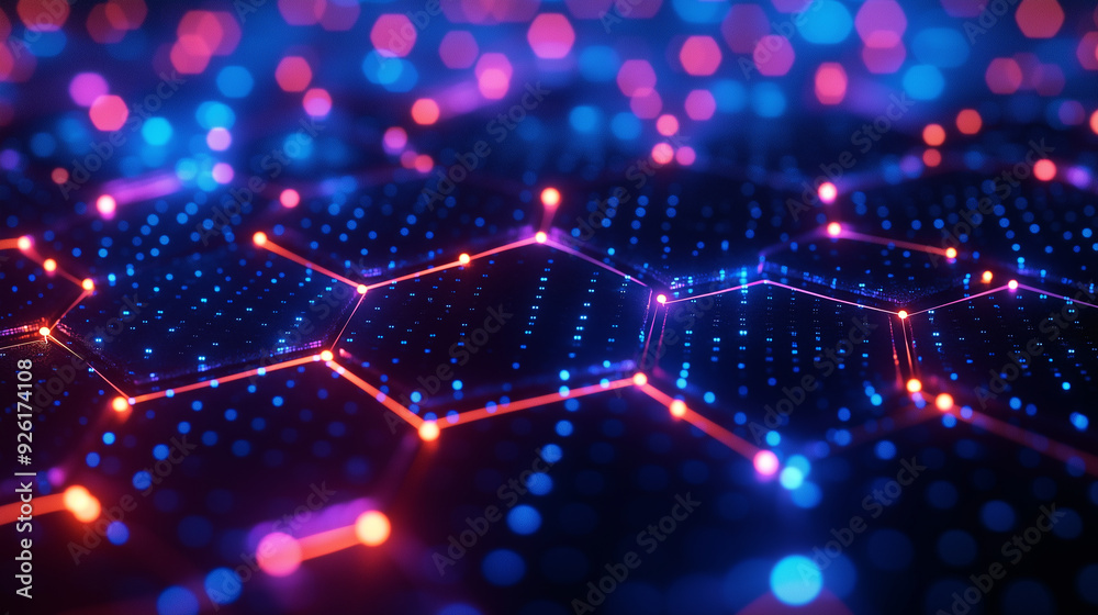Poster colorful hexagonal abstract pattern with glowing dots in a digital space