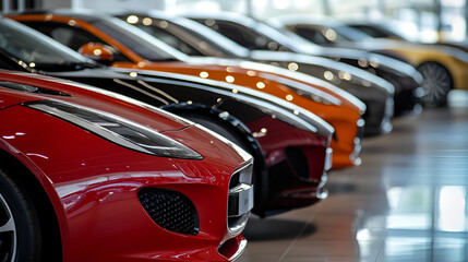 Fototapeta premium Car parked at outdoor parking lot. Used car for sale and rental service Show a close-up of the front grilles and headlights of cars lined A many new cars different colour on the parking, Generative AI