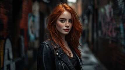 Fototapeta premium Redhead Woman in Urban Alley