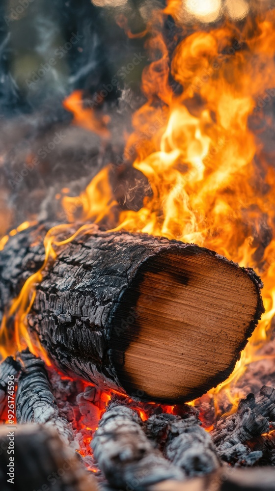 Wall mural A log burning on a fire with some wood around it, AI