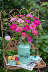 Naklejka premium Blumenstrauß mit pink Zinnien und Gräsern in vintage Milchkanne auf einem Gartenstuhl