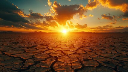 cConceptual photography showcasing the impact of climate change with a focus on extreme weather events. This scene captures a desolate landscape with cracked, dry earth, portraying the devastating