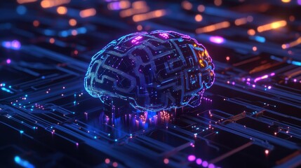 Luminescent AI Brain: Abstract 3D Rendering of Artificial Intelligence with Glowing Circuits and Neural Connections in Blue and Purple Tones