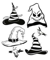 hand drawn illustration a Halloween hat. Black and white. Hand draw illustration for sublimation t-shirt, pillow, mug. line art illustration, black and white sketch. 