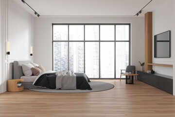 Classical hotel bedroom interior with bed and tv console, panoramic window