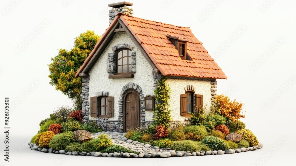 Poster a small house with a garden and trees around it, ai