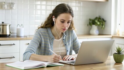 Serious Young Woman Studying at Home with Laptop