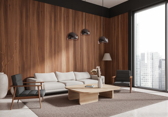 Modern living room with wooden wall and cozy furniture. 3D Rendering