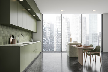 Green home kitchen interior with bar counter and cooking cabinet, window