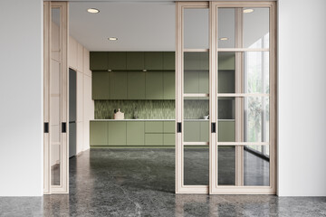 Modern kitchen interior with green cabinets and sliding glass doors. 3D Rendering