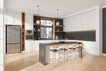 Modern home kitchen interior with island and cooking cabinet, panoramic window