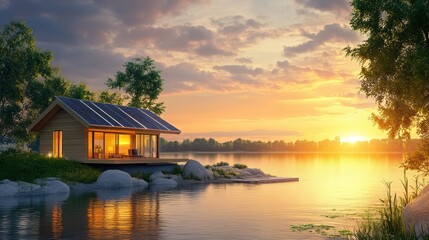 Fototapeta premium A small house on a lake with the sun shining through, AI