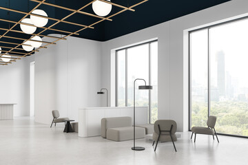 Modern office waiting room with large windows and contemporary furniture.. 3D Rendering