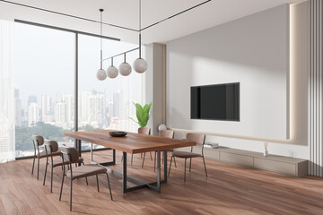 Modern dining room with city view and wooden table. 3D Rendering