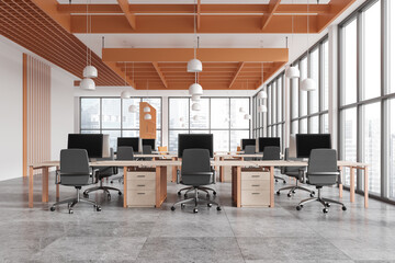 Modern open space office interior with city view. 3D Rendering