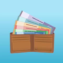 Brown leather wallet with full of cash paper money of difference denomination bill banknotes vector design illustration