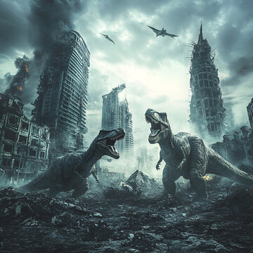 AI generated illustration of a large, mythical creature dinosaur destroying the city Gozilla destroying a medieval city castle and flames in the background A dinosaurs attacking a city, Generative AI