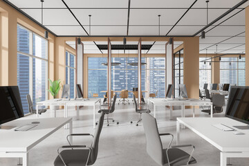 Modern office room interior with coworking and conference room near window