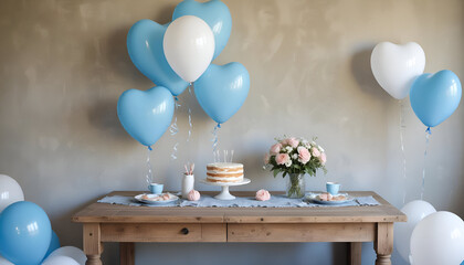Heart-Shaped Blue and White Balloons Beside Rustic Wood Table and cake - Charming Display Mock-Up Scene for Product Showcases, Cozy Decor, and Creative Projects