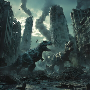 AI generated illustration of a large, mythical creature dinosaur destroying the city Gozilla destroying a medieval city castle and flames in the background A dinosaurs attacking a city, Generative AI