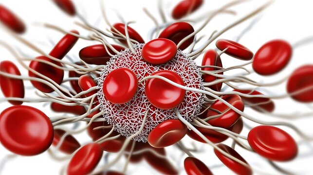 Blood Clot Formation A close-up image of a blood clot forming, showing the interaction between platelets and fibrin strands, demonstrating the clotting process. 