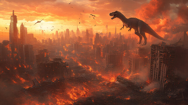 AI generated illustration of a large, mythical creature dinosaur destroying the city Gozilla destroying a medieval city castle and flames in the background A dinosaurs attacking a city, Generative AI