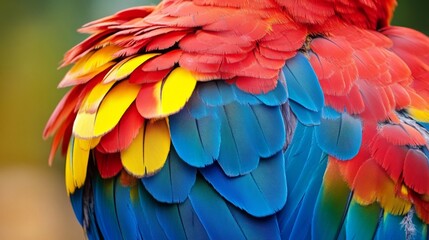Fototapeta premium A close-up shot of a parrot's brightly colored feathers, showcasing a stunning mix of red, yellow, and blue hues that create a visually striking and vibrant image.