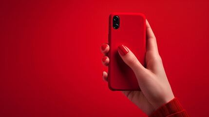 A female hand with a red manicure holding a phone in the red case on a red background.