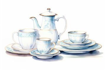 Fototapeta premium Tableware watercolor porcelain saucer cup.