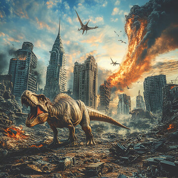 AI generated illustration of a large, mythical creature dinosaur destroying the city Gozilla destroying a medieval city castle and flames in the background A dinosaurs attacking a city, Generative AI