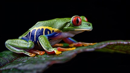 Fototapeta premium Close-up of a vibrant green and red frog with black eyes perched on a green leaf.