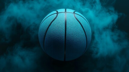 A basketball is shown in the middle of a blue smoke trail. The smoke trail is very thick and the basketball is the only object that is visible
