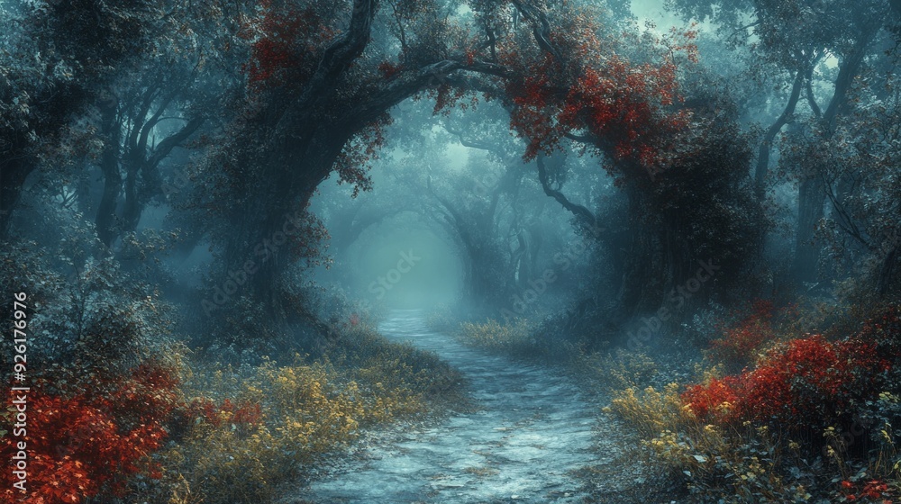 Poster a winding pathway through a mystical forest, surrounded by vibrant flora and shrouded in gentle mist