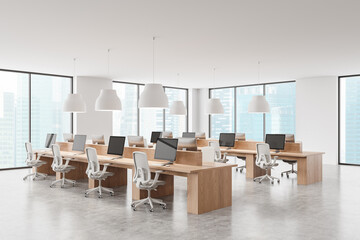 Modern open space office with wooden desks and computers. 3D Rendering