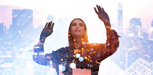 Woman interacting with virtual reality interface, cityscape background.