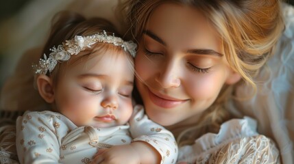 Young mother smiling down at newborn baby