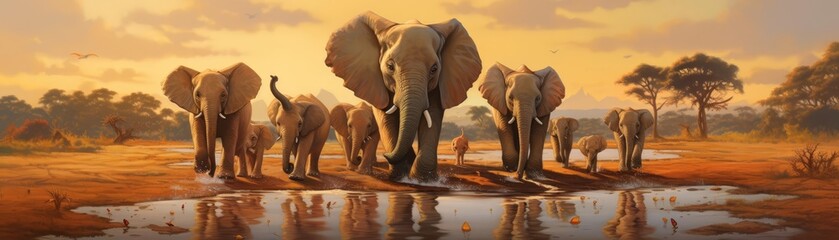 Fototapeta premium An illustration of a happy family of elephants walking through the savanna
