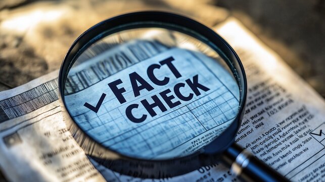 Magnifying glass over newspaper with 'fact check' headline, symbolizing the importance of verifying information to combat fake news and misinformation.