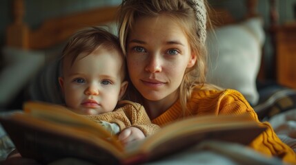 Young mother reading a book to newborn baby