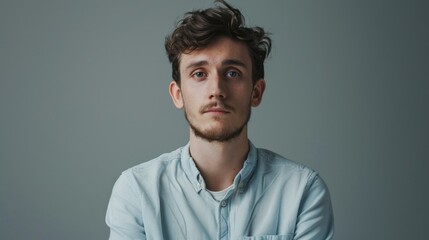 Fototapeta premium Young man with a serene expression and closed eyes standing against a solid studio background