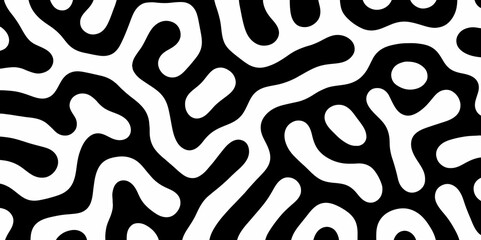 Abstract Turing organic wallpaper with background. Turing reaction diffusion monochrome seamless pattern with chaotic motion. Natural seamless line pattern. Linear design with biological shapes.