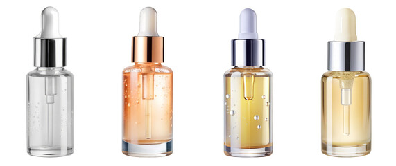 Obraz premium Four Cosmetic Serum Bottles with Droppers in Different Colors on Transparent Background