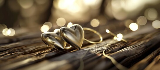 gold heart shape necklace on wood table close up shot bokeh sunlight and copy space.