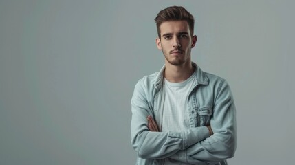 Obraz premium Young man with a peaceful expression standing against a solid studio background