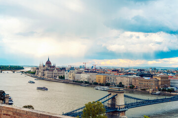 Naklejka premium Beautiful view of the Hungarian parliament and Danube river from Buda Castle. Budapest, Hungary